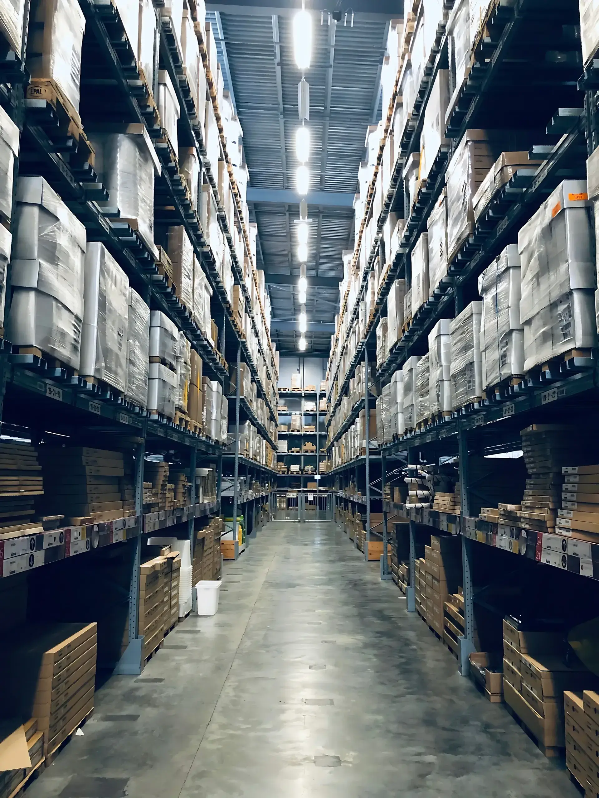 Pasillo de un centro de distribución con racks de almacenamiento a gran altura